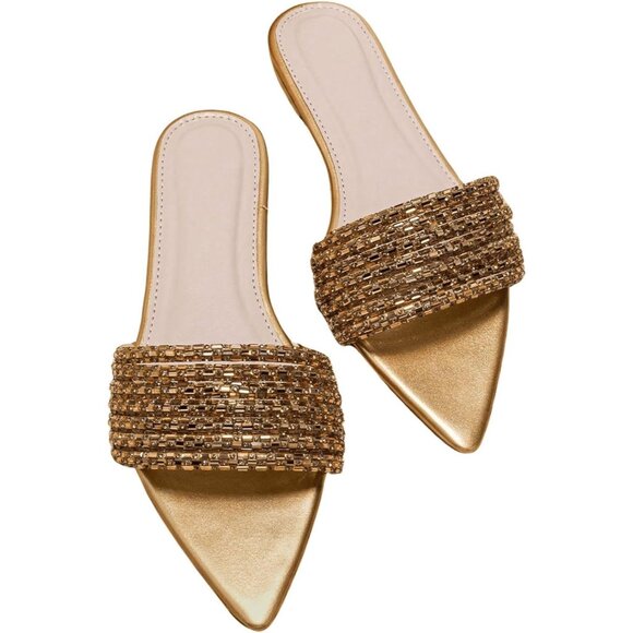 ⚡Women's Gold Rhinestone Sandals Sparkly Pointed Open Toe Dressy Flat Sandals